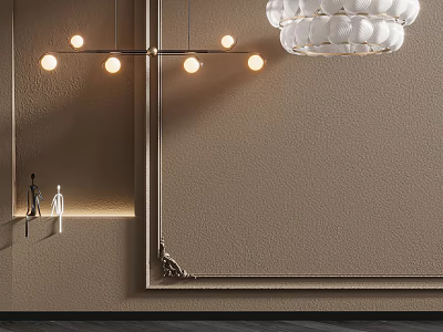 Modern Round Glass Chandelier In Beige Wall Interior With Decorative Lines And Small Sculptures 3d model