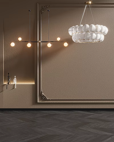 Modern Round Glass Chandelier In Beige Wall Interior With Decorative Lines And Small Sculptures 3d model