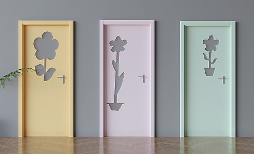 Cream wind swing door kindergarten cartoon single door dopamine solid wood door 3d model