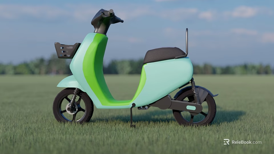 Green And Light Blue Electric Scooter Parked On Grass Field With Trees And Blue Sky 3d model 