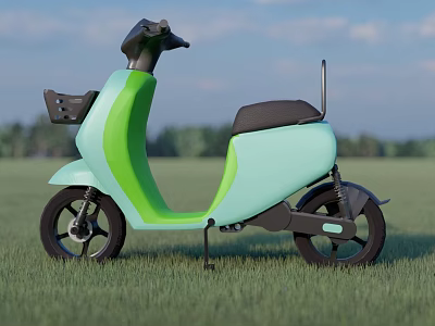 Green And Light Blue Electric Scooter Parked On Grass Field With Trees And Blue Sky 3d model