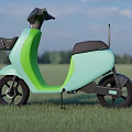 Green And Light Blue Electric Scooter Parked On Grass Field With Trees And Blue Sky