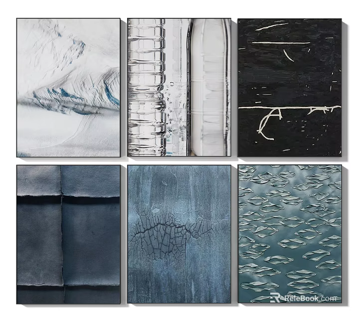 Abstract Art Wall Paintings Featuring Blue Gray Textures And Wave Line Patterns 3d model