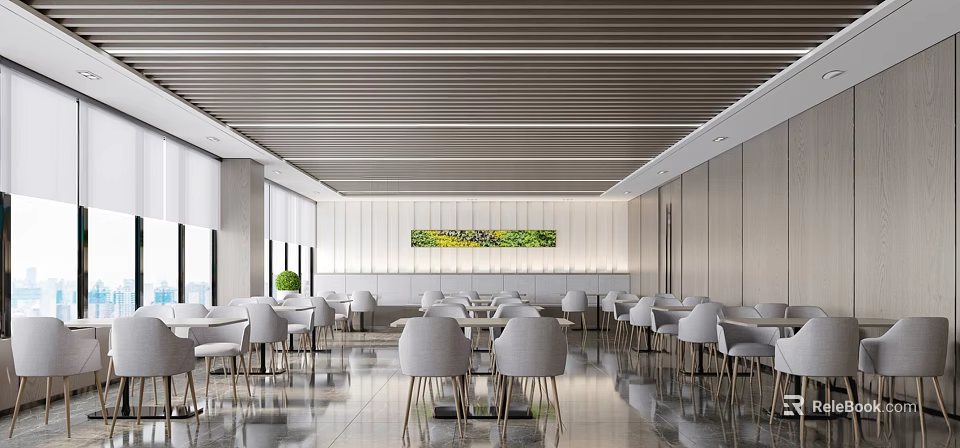 Modern Dining Area Interior With White Chairs Round Tables And Striped Ceiling 3d model