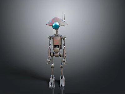 Metallic Robot With Large Hat Shaped Head Blue Sphere Antenna And Mechanical Limbs 3d model