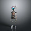 Metallic Robot With Large Hat Shaped Head Blue Sphere Antenna And Mechanical Limbs