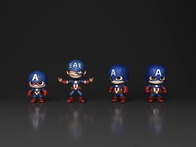 Chibi Captain America Action Figures With Four Different Poses Classic Blue Helmet Red White Uniform 3d model