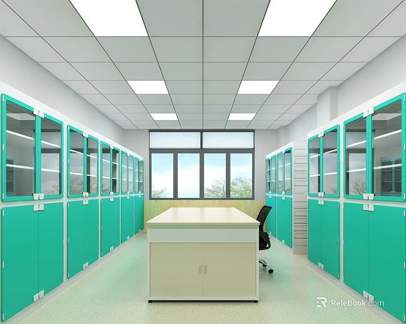 Laboratory Interior Setup With Green Cabinets White Lab Bench Chair Windows And Ceiling Lights 3d model 