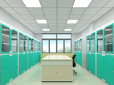 Laboratory Interior Setup With Green Cabinets White Lab Bench Chair Windows And Ceiling Lights 3d model