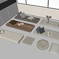 Long Cushioned Seats With Various Pillows And Stools For Interior Design 3d model