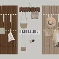 Wooden Vertical Slat Wall With Hanging Bags Hat Clothes And Storage Accessories