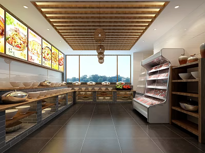 Modern Restaurant Interior With Menu Boards Food Display Counters Large Windows And Wooden Ceiling 3d model