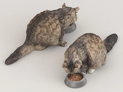 Two Cats Eating Dry Cat Food From Metal Bowls On Gray Surface 3d model