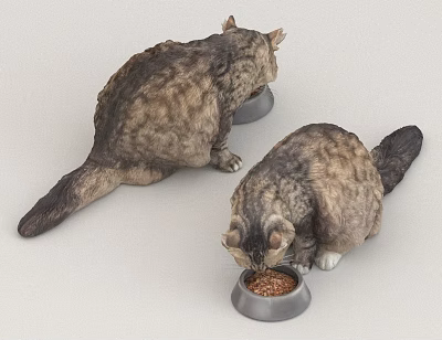 Two Cats Eating Dry Cat Food From Metal Bowls On Gray Surface 3d model