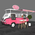 Pink Ice Cream Truck With Striped Awning Chalkboard Menu And Wooden Bar Stools