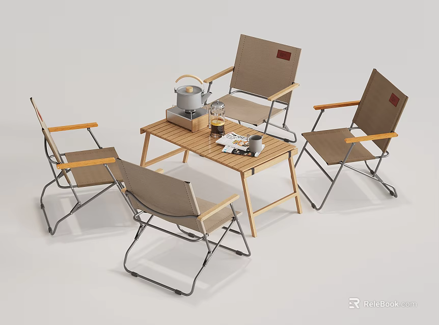 Wooden Outdoor Table with Four Canvas Chairs Kettle and Book on Patio 3d model 
