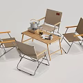 Wooden Outdoor Table with Four Canvas Chairs Kettle and Book on Patio