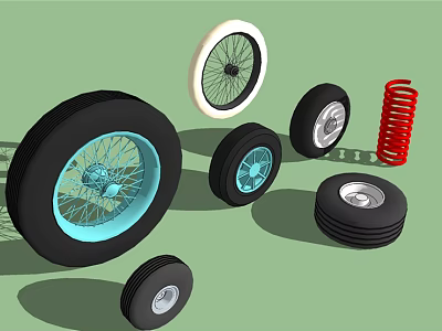 Various Car Tires And Wheels With Different Rims Including Red Spring 3d model