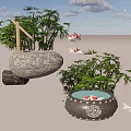 Decorative Water Fountain With Stone Basin Bamboo Plants And Koi Fish