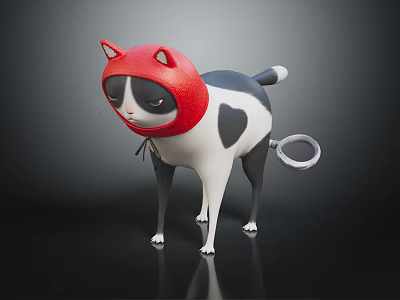 Cat Shaped Doll With Black And White Body Red Helmet And Ring On Tail 3d model