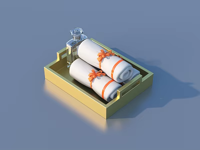 Golden Tray With Rolled White Towels Orange Ribbons And Transparent Bottle 3d model