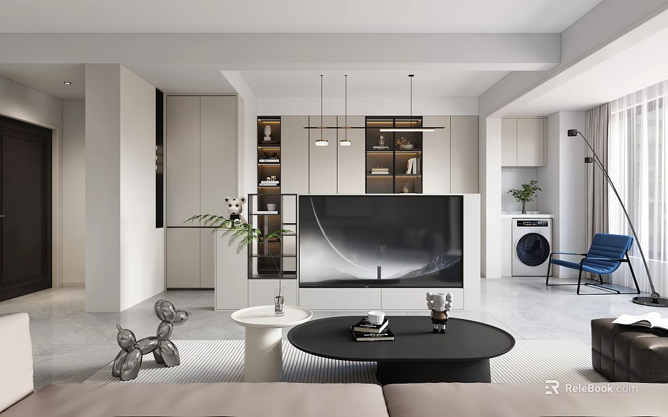 Modern Open Concept Living Dining Room Interior With TV Coffee Table Sofa Cabinets Pendant Lights 3d model 
