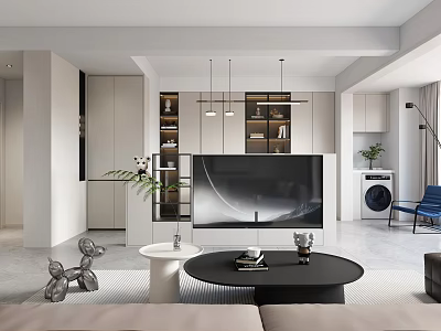 Modern Open Concept Living Dining Room Interior With TV Coffee Table Sofa Cabinets Pendant Lights 3d model