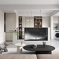 Modern Open Concept Living Dining Room Interior With TV Coffee Table Sofa Cabinets Pendant Lights