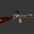 Steampunk Weapon Rifle With Red Wooden Stock Silver Metal Parts And Mechanical Design