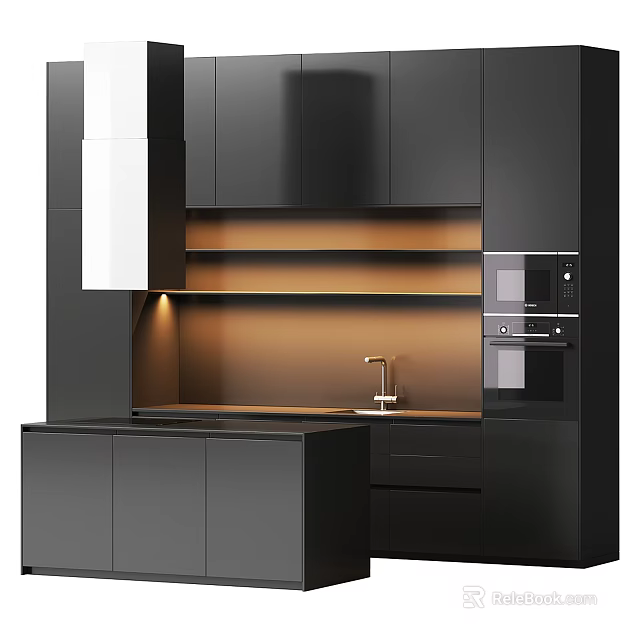 Sleek Black Kitchen Interior With Island Sink Faucet Oven And Modern Cabinets 3d model 