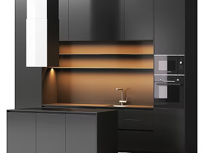Sleek Black Kitchen Interior With Island Sink Faucet Oven And Modern Cabinets 3d model