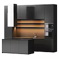 Sleek Black Kitchen Interior With Island Sink Faucet Oven And Modern Cabinets