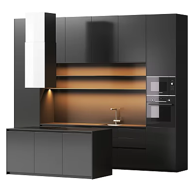 Sleek Black Kitchen Interior With Island Sink Faucet Oven And Modern Cabinets 3d model