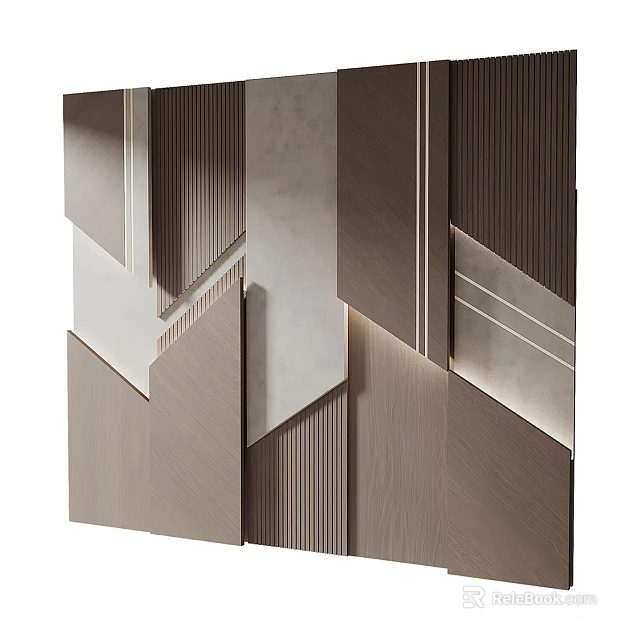 Modern Geometric Wooden Wall Panels Design With Layered Wood And Stone Textures And Soft Lighting 3d model 