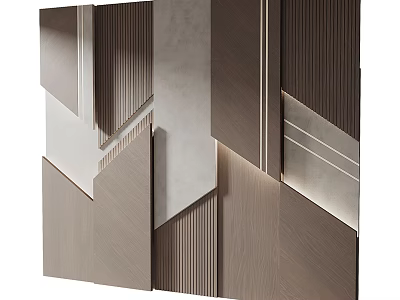 Modern Geometric Wooden Wall Panels Design With Layered Wood And Stone Textures And Soft Lighting 3d model