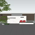 Modern Outdoor Feature Wall With White Marble Wooden Accents Green Plants Flower Bed And Paved Ground