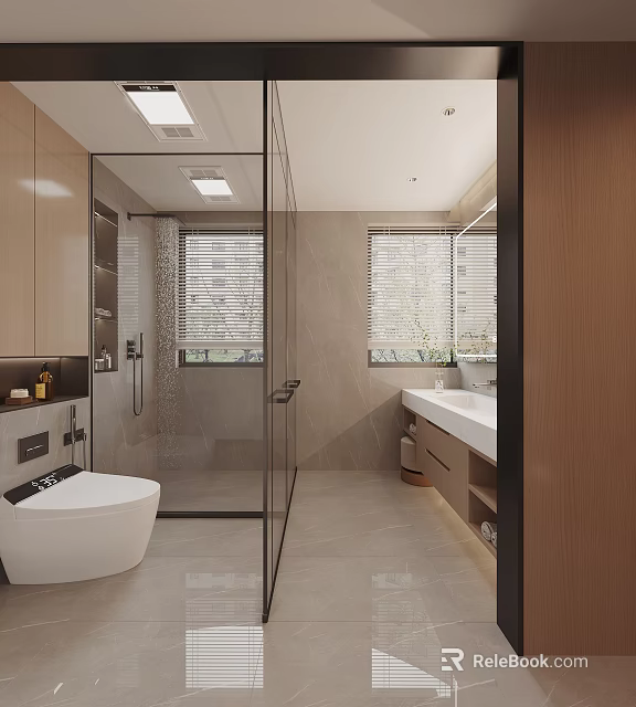 Modern Bathroom Interior With Glass Shower Enclosure Smart Toilet And Marble Countertop 3d model 
