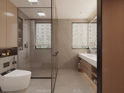 Modern Bathroom Interior With Glass Shower Enclosure Smart Toilet And Marble Countertop 3d model
