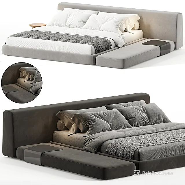 Modern Upholstered Double Bed with Platform Design and Gray Bedding Set 3d model