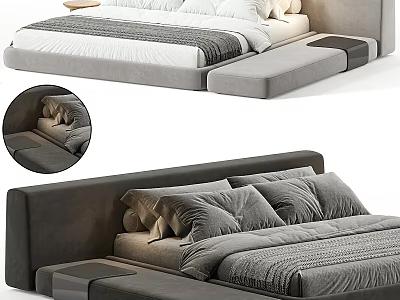 Modern Upholstered Double Bed with Platform Design and Gray Bedding Set 3d model