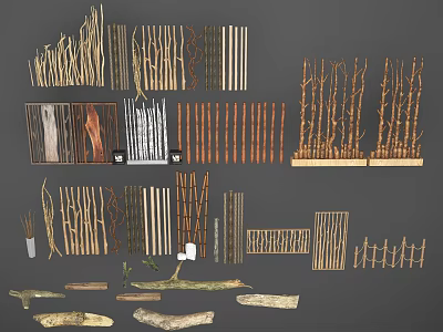 Wooden Decorative Ornament Set Featuring Branches Sticks Fences Planks and Natural Design 3d model