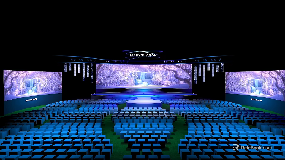 Spacious Conference Hall Interior With Stage Large Screen And Neatly Arranged Blue Seats 3d model 