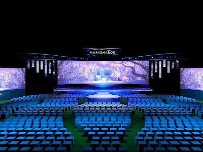 Spacious Conference Hall Interior With Stage Large Screen And Neatly Arranged Blue Seats 3d model