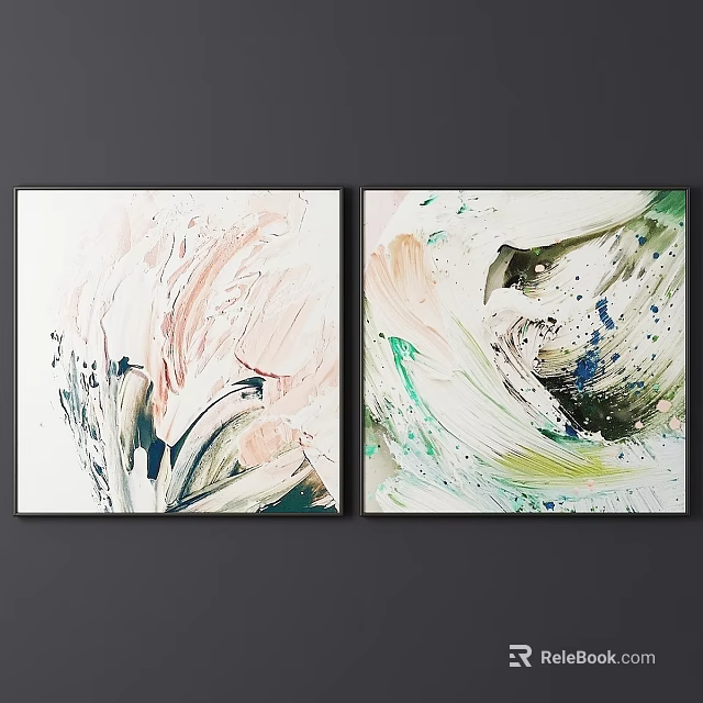 Two Decorative Frames Featuring Abstract Paintings With Colorful Brushstrokes On Gray Background 3d model
