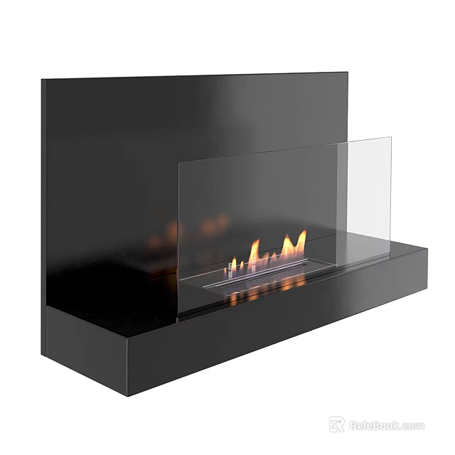 Modern Black Fireplace with Glass Panel and Burning Flames in Contemporary Sleek Design 3d model 