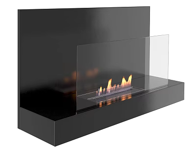 Modern Black Fireplace with Glass Panel and Burning Flames in Contemporary Sleek Design 3d model