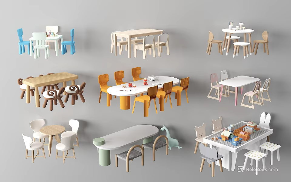 Colorful Kids Table Chair Sets With Various Shapes And Small Table Toys 3d model 