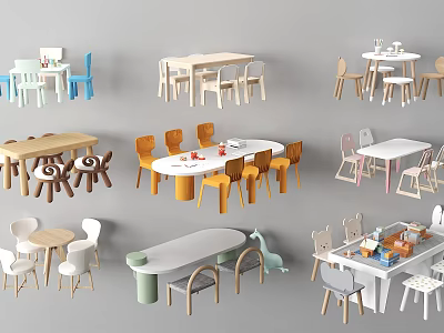 Colorful Kids Table Chair Sets With Various Shapes And Small Table Toys 3d model