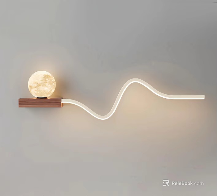 Modern Minimalist Wall Light With Moon Shaped Globe And Curved LED Strip On Wooden Base 3d model 