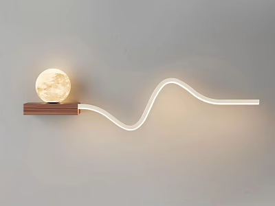 Modern Minimalist Wall Light With Moon Shaped Globe And Curved LED Strip On Wooden Base 3d model